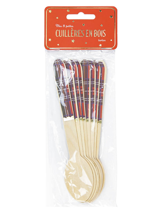 Emballage des petites cuillères en bois tartan de Noël