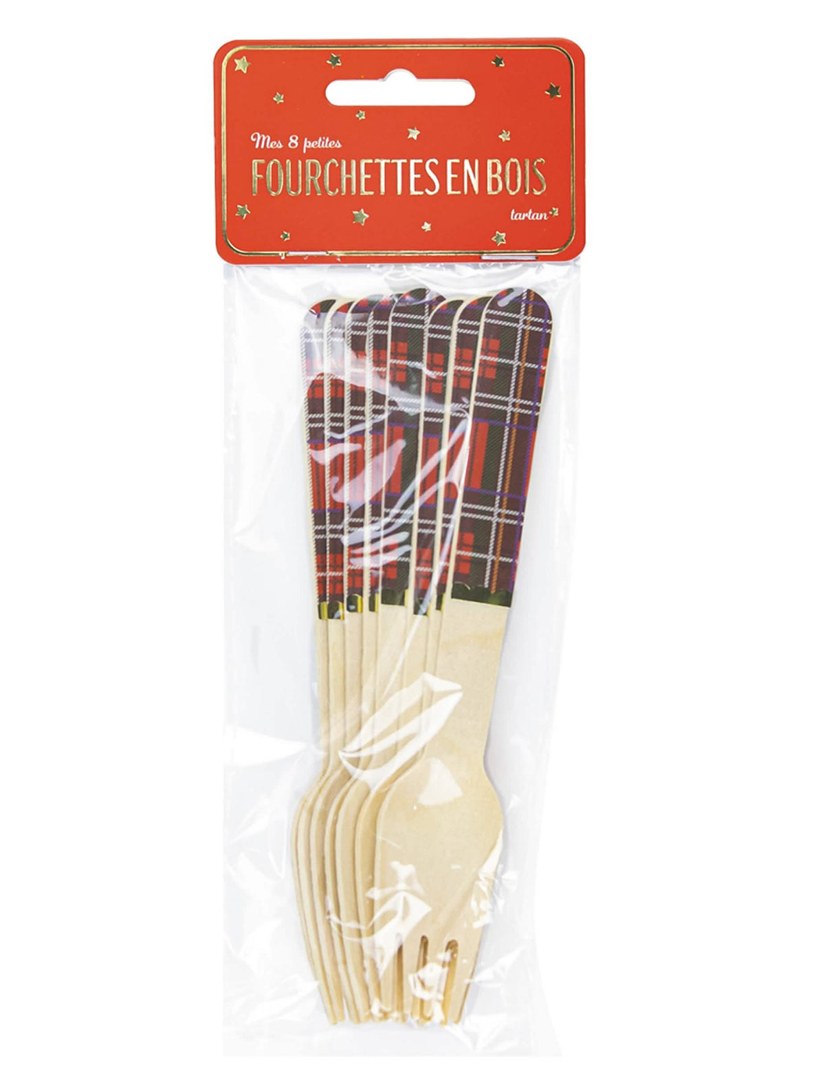 Emballage des fourchettes en bois tartan de Noël