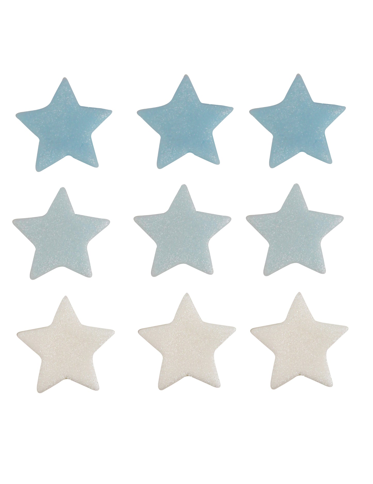 9 cukrových dekorácií na tortu modré a biele hviezdy 2,5 cm na cukrárske použitie