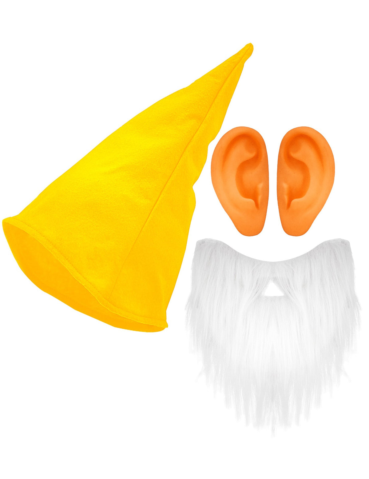 Vue d'ensemble du bonnet, de la barbe et des oreilles des accessoires de nain pour adulte