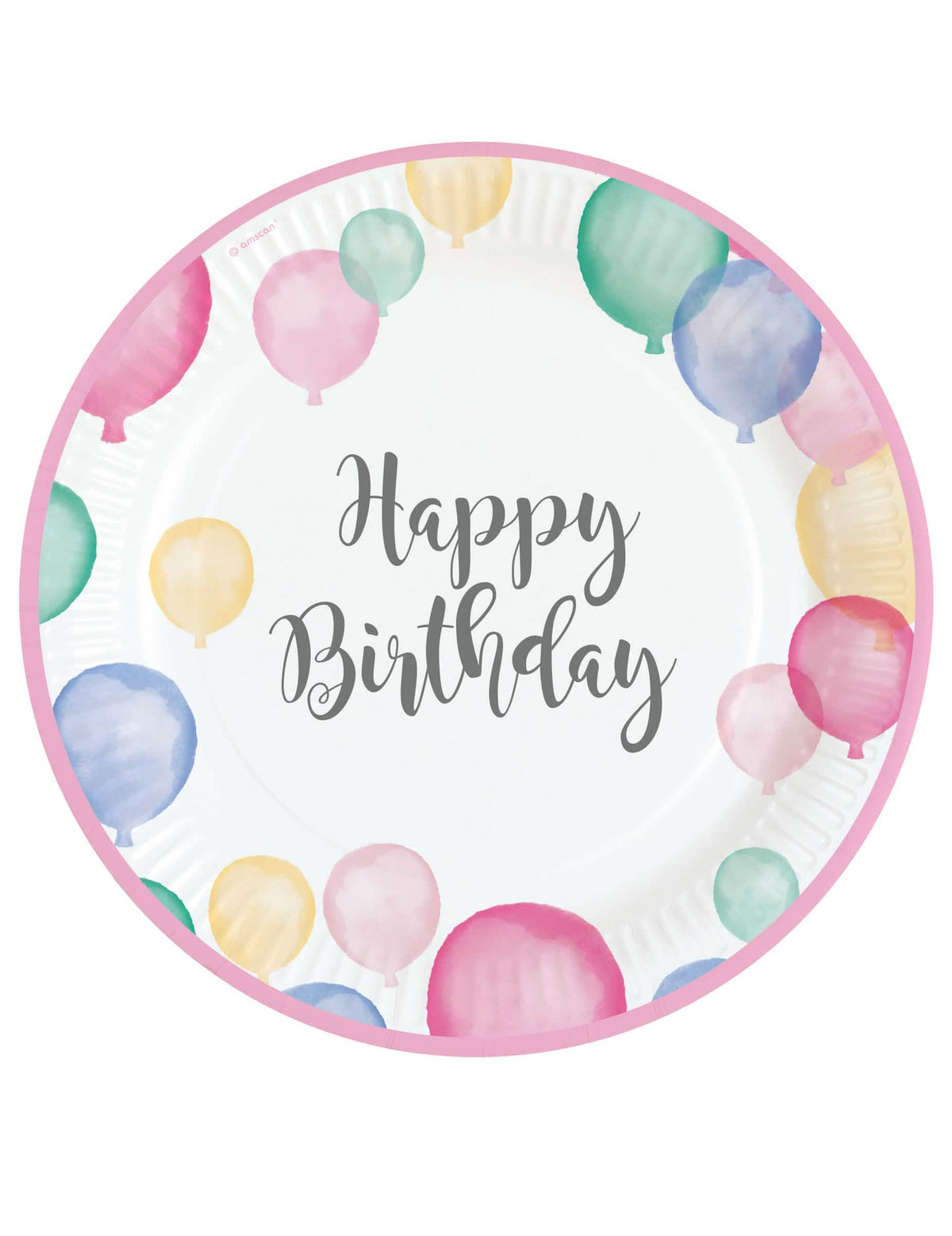 Papierové taniere Happy Birthday pastelové balóny na narodeniny ružový okraj