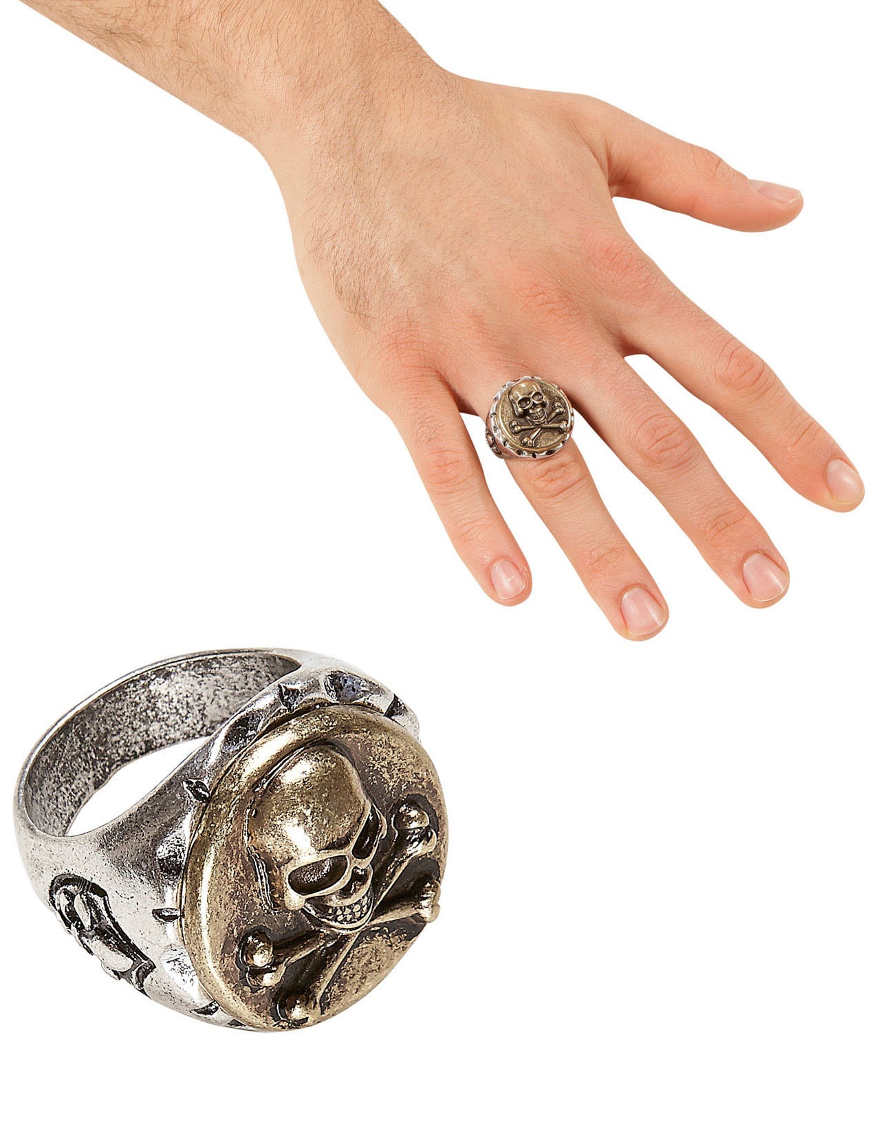 Bague chef des pirates pour adulte argentée et dorée avec tête de mort