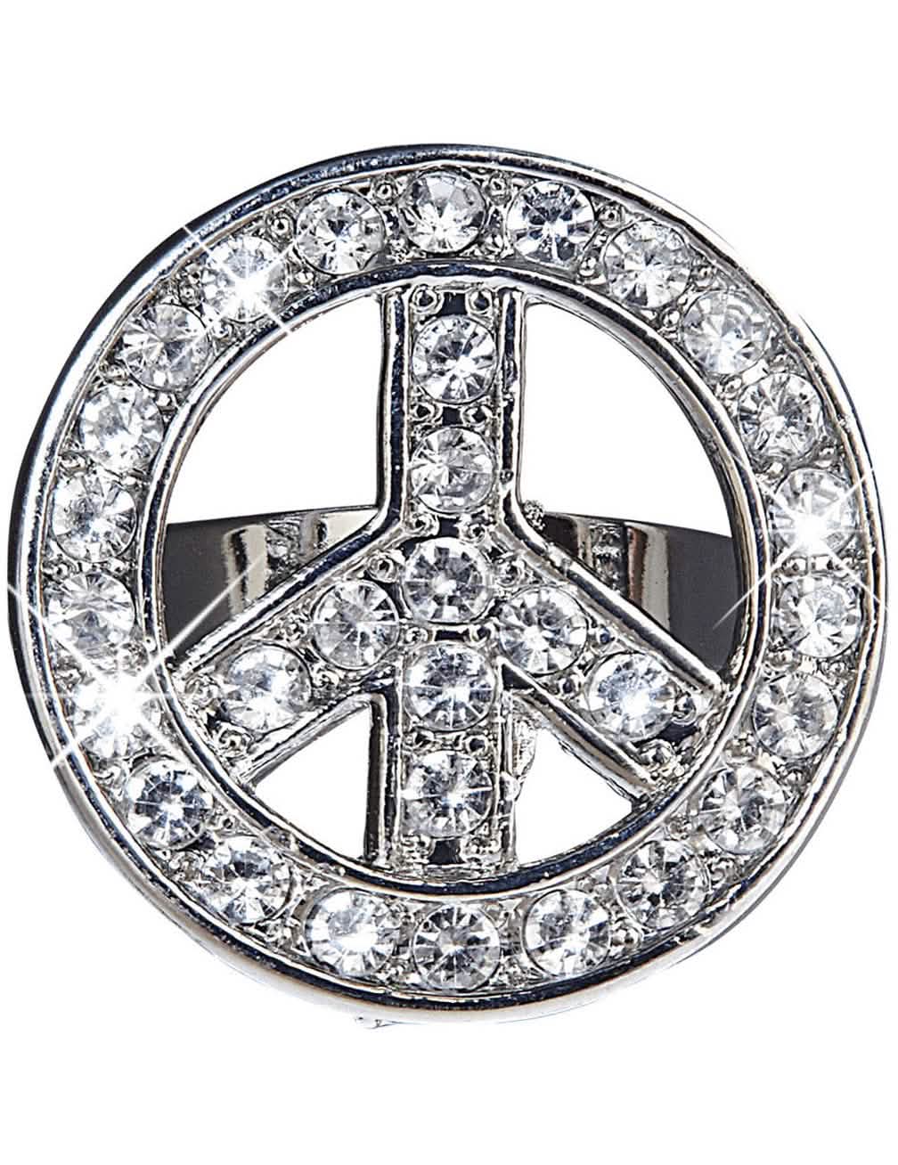 Hippie prsteň pre dospelý strieborný so strasom v tvare peace and love