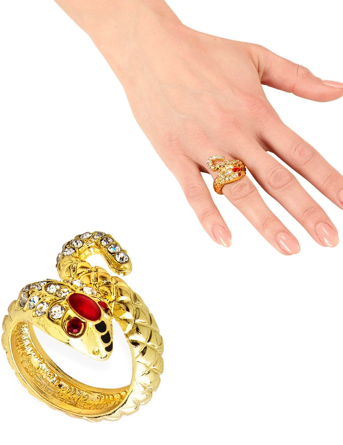 Zlatý prsteň so strieborným motívom hada pre ženu s kamienkami a červenými kameňmi