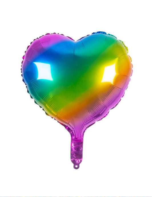 Vue de face du ballon aluminium coeur pour fête multicolore arc-en-ciel