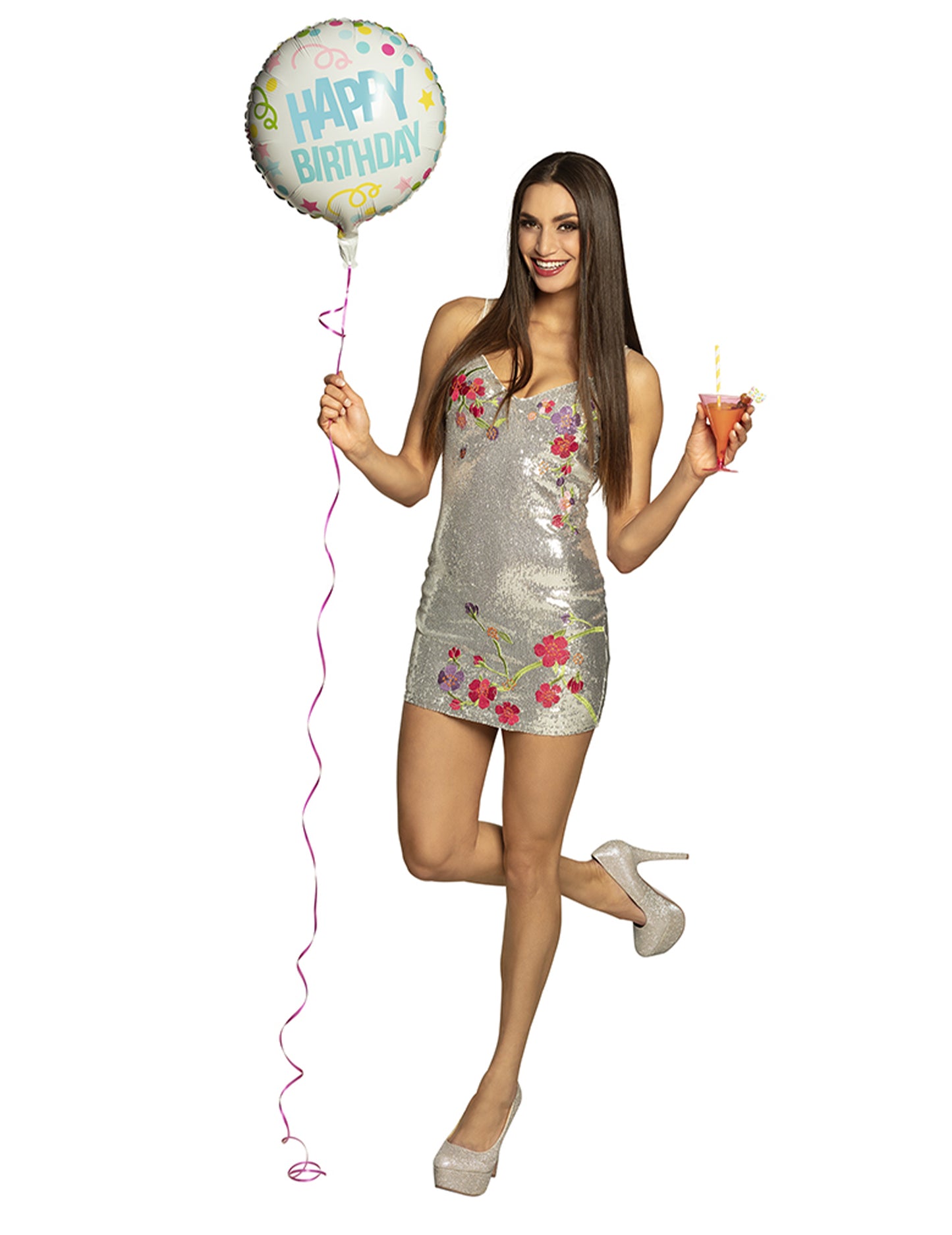 Mise en situation du ballon aluminium Confettis Happy Birthday