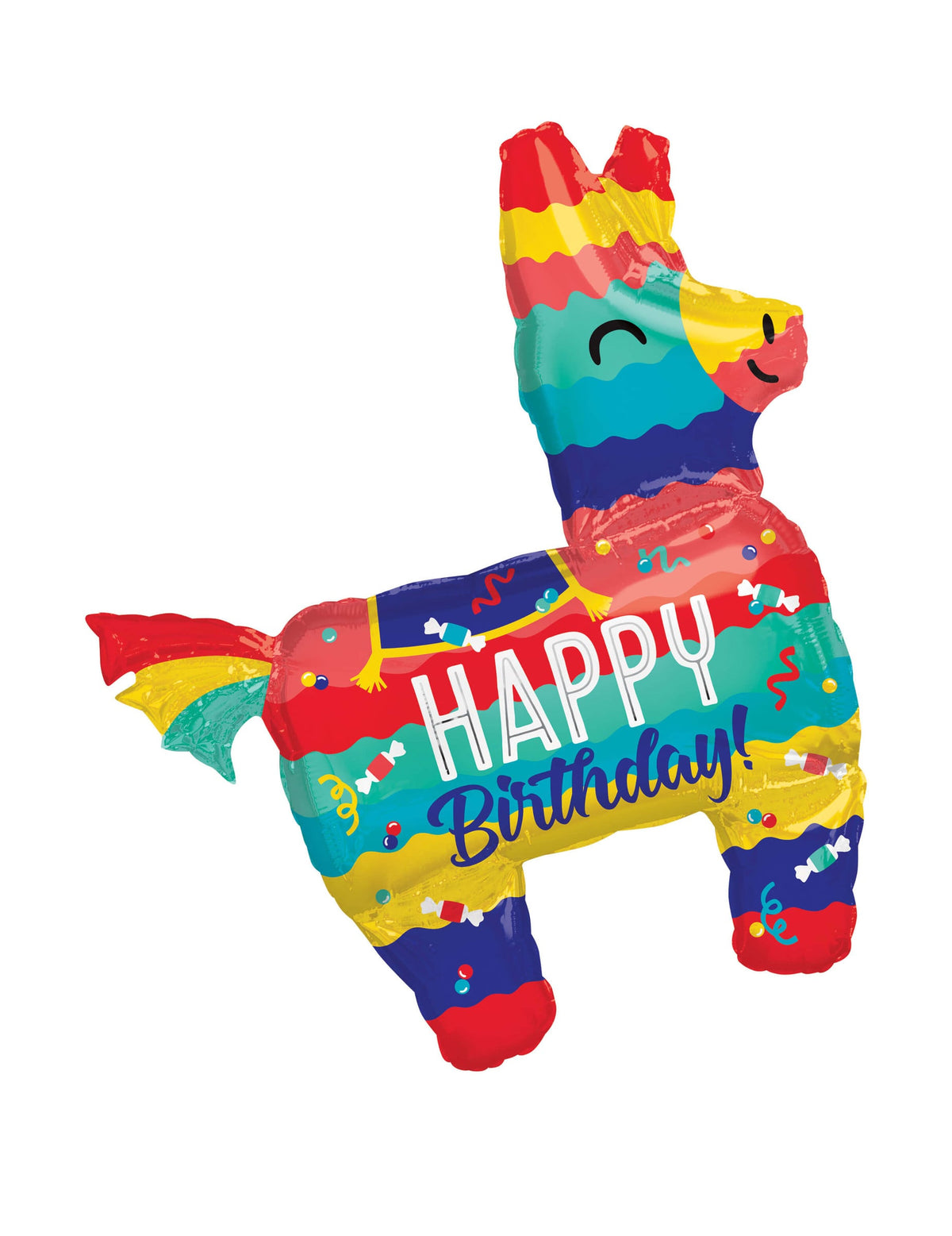 Ballon aluminium Piñata Lama Happy Birthday pour anniversaire multicolore rayé