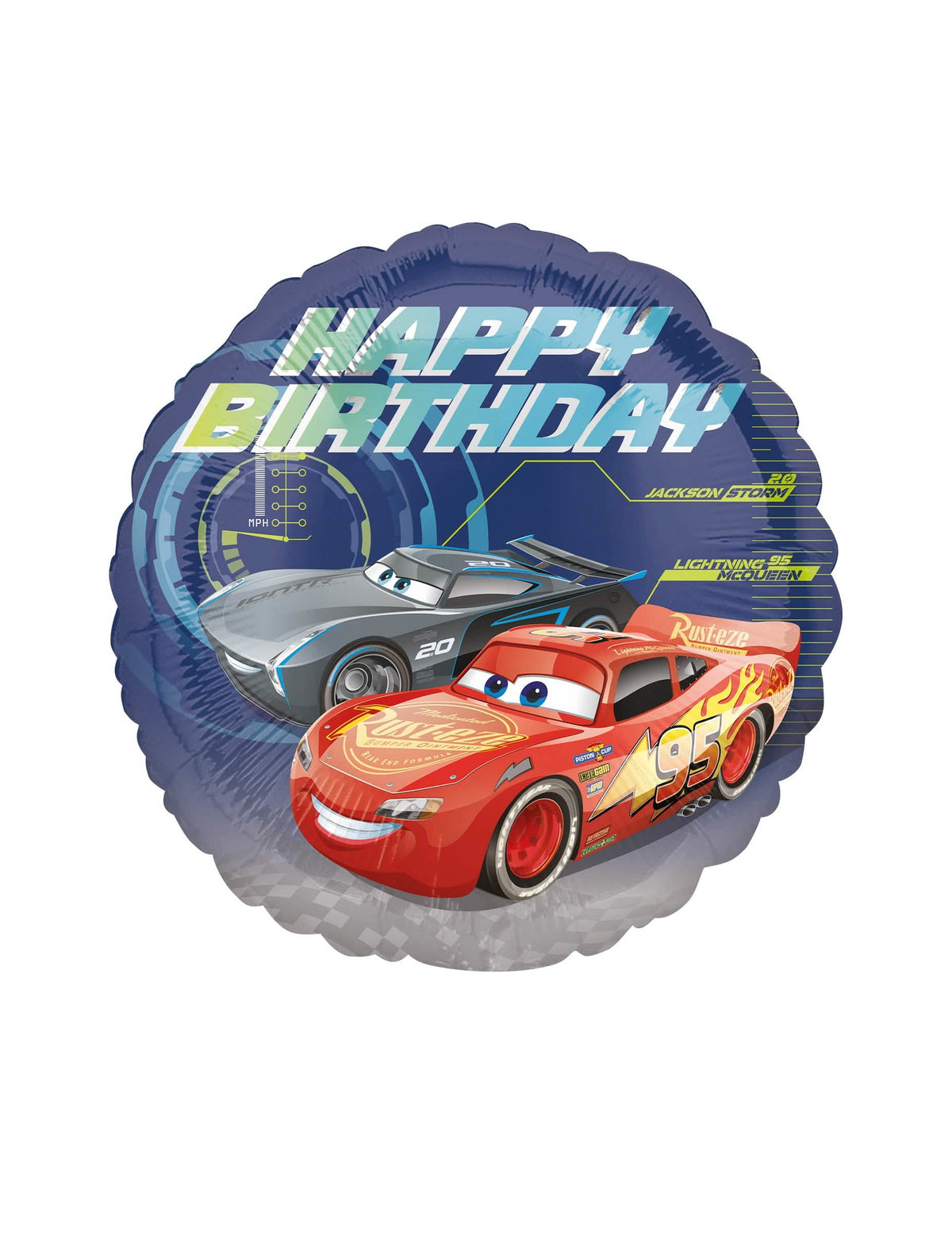 Hliníkový balón Happy Birthday Cars 3 pre dieťa modrá s Flash McQueenom a Jacksonom Stormom