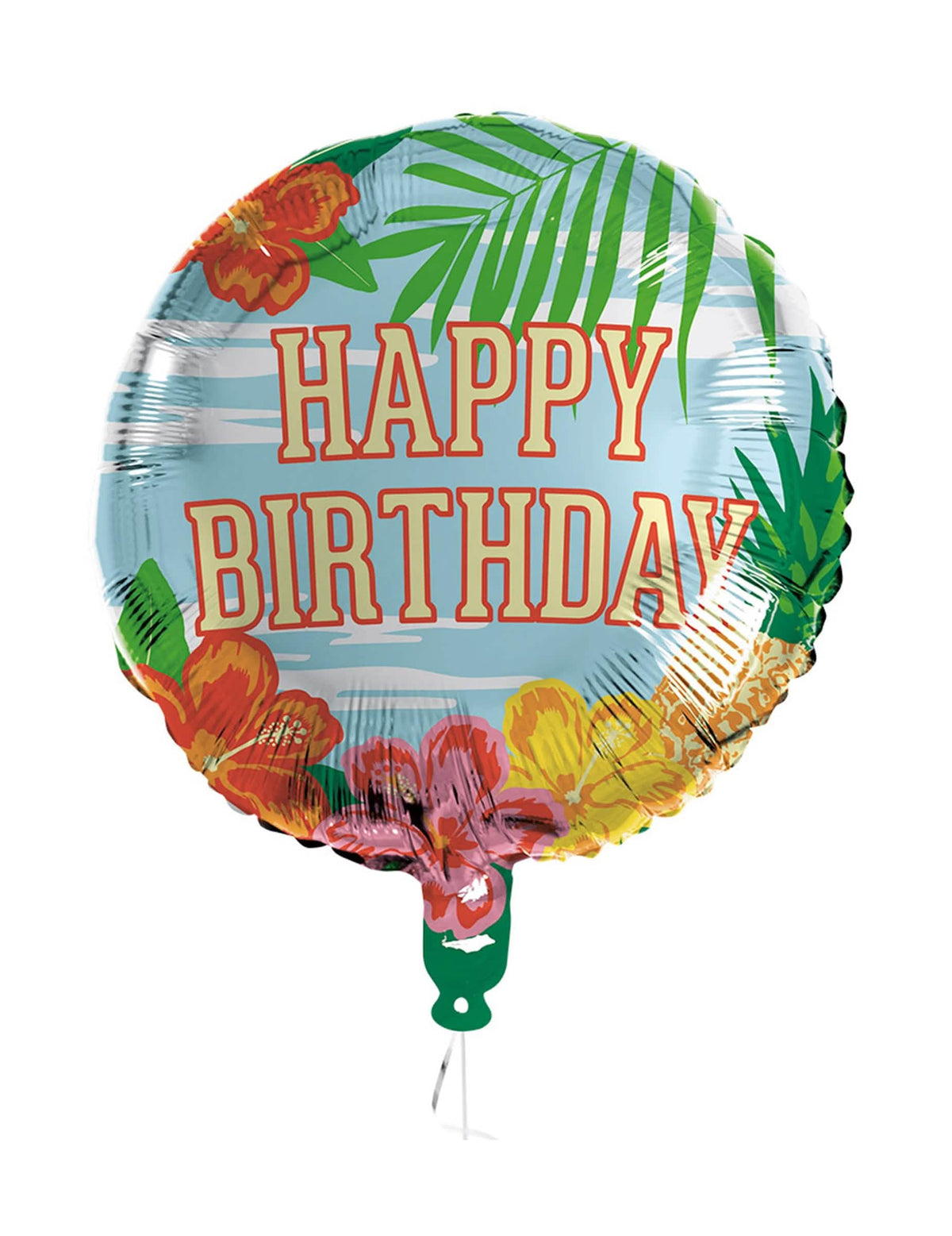 Hliníkový balón Happy Birthday Paradise na narodeniny modrá s kvetmi ibišteka a palmou