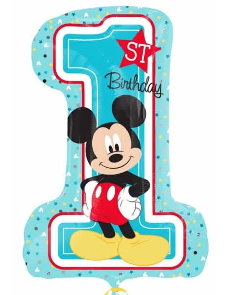 Balón číslo 1 z hliníka Mickey Mouse nebeská modrá s nápisom 1st Birthday
