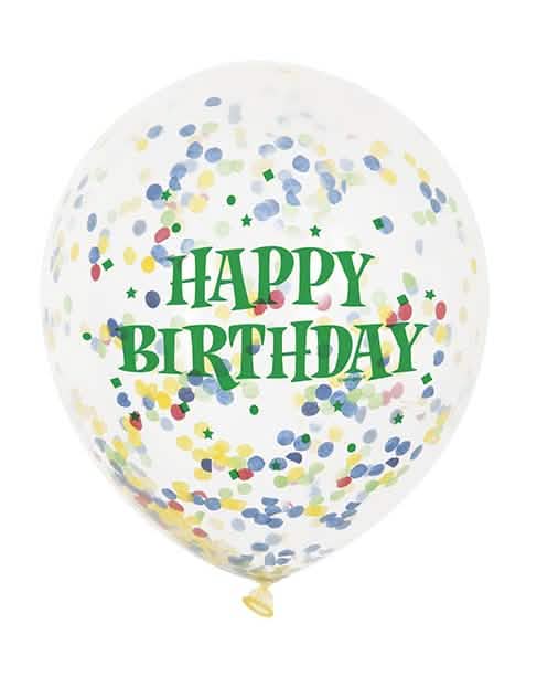 Détail du texte vert et des confettis du ballons en latex Happy Birthday pour fête