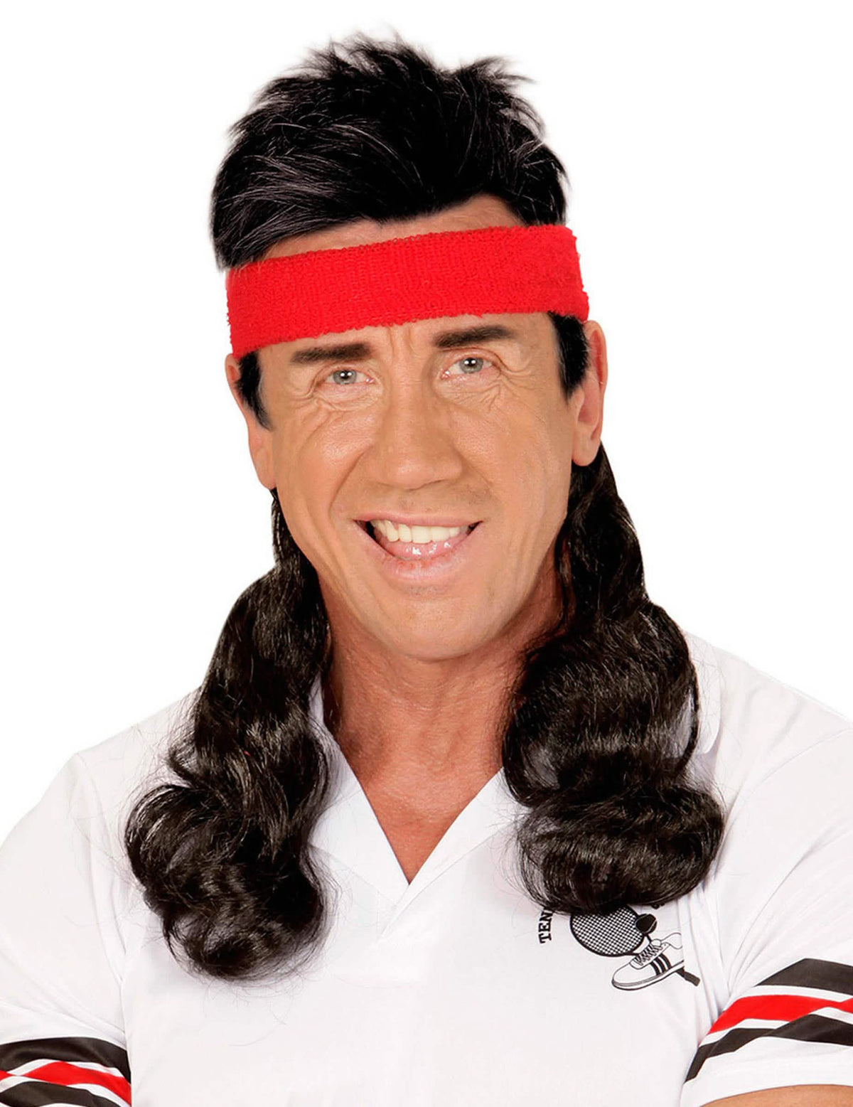 Čelenka s pridanými vlasmi mullet 80. roky dospelý čierna a červená