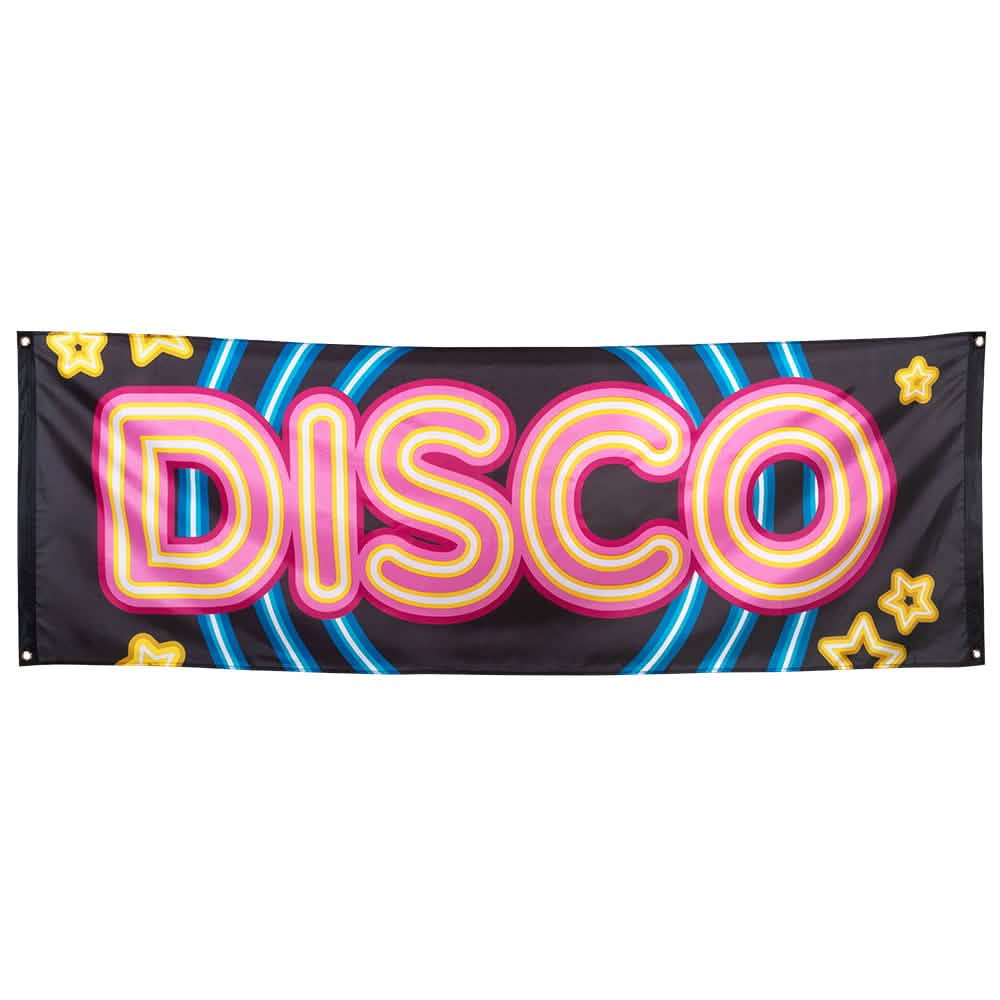 Bannière Disco Fever na čiernu párty s ružovým a žltým nápisom