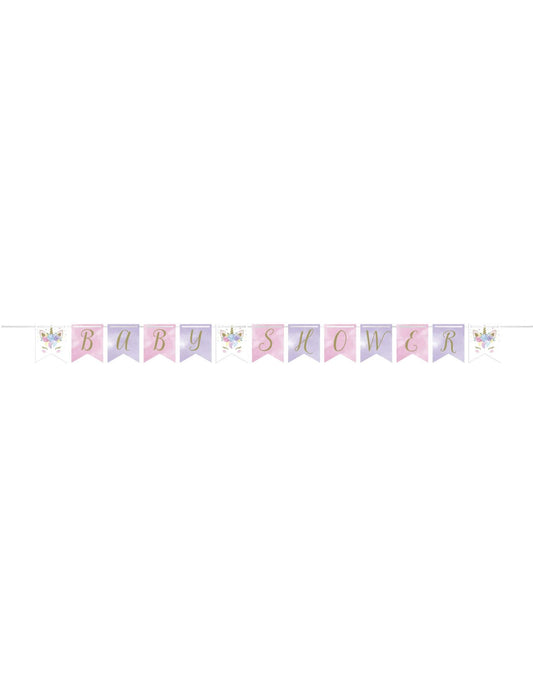 Vue d'ensemble de la bannière à fanions licorne féerique pour baby shower