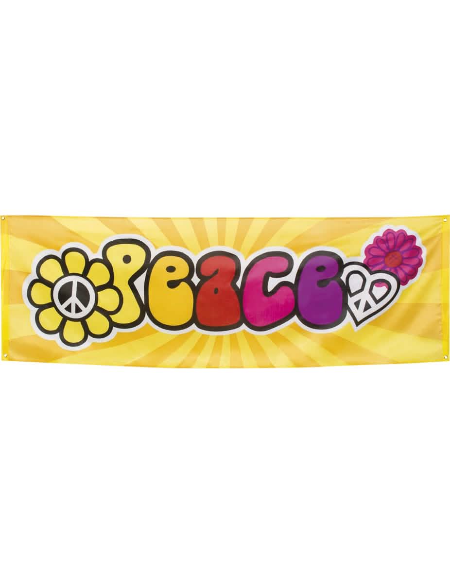 Bannière z látky Hippie Flower Power na žltú oslavu s nápisom Peace viacfarebné
