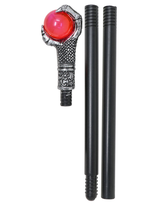 Détail des éléments démontables du bâton de sorcier à griffes et orbe rouge