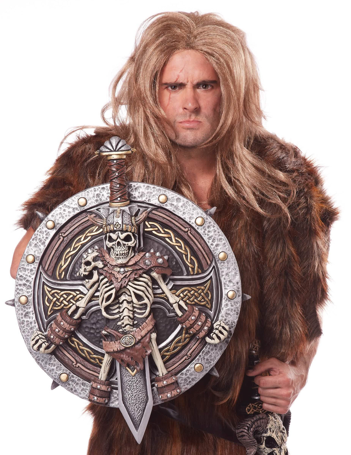 Detailný záber na štít so skeletom štítu a vikingským mečom pre dospelého