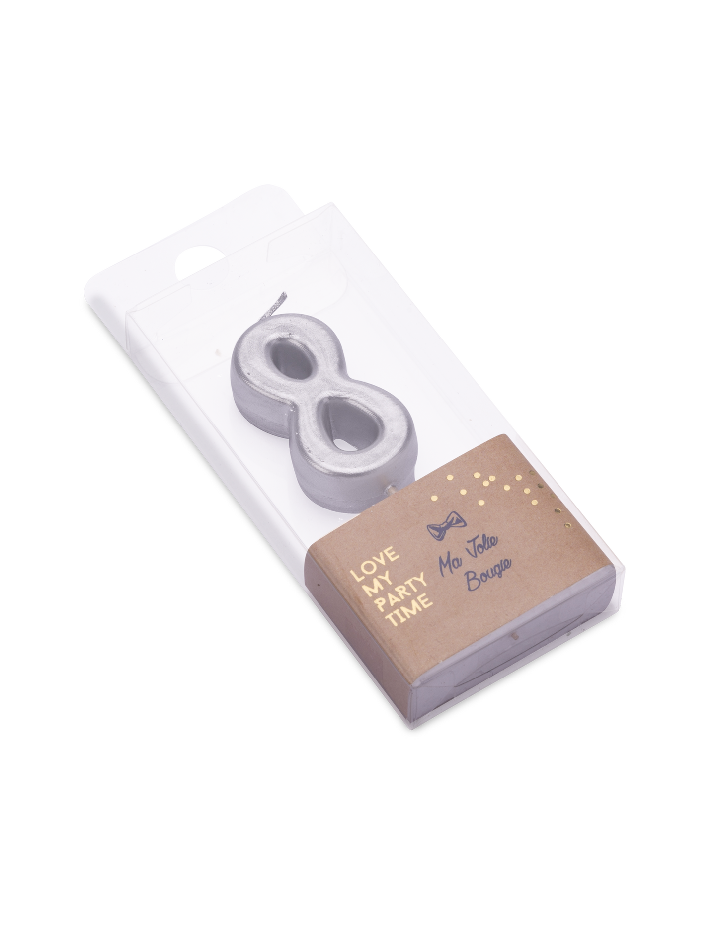 Strieborná metalická narodeninová sviečka s číslom 8 4.3 cm so špičkou