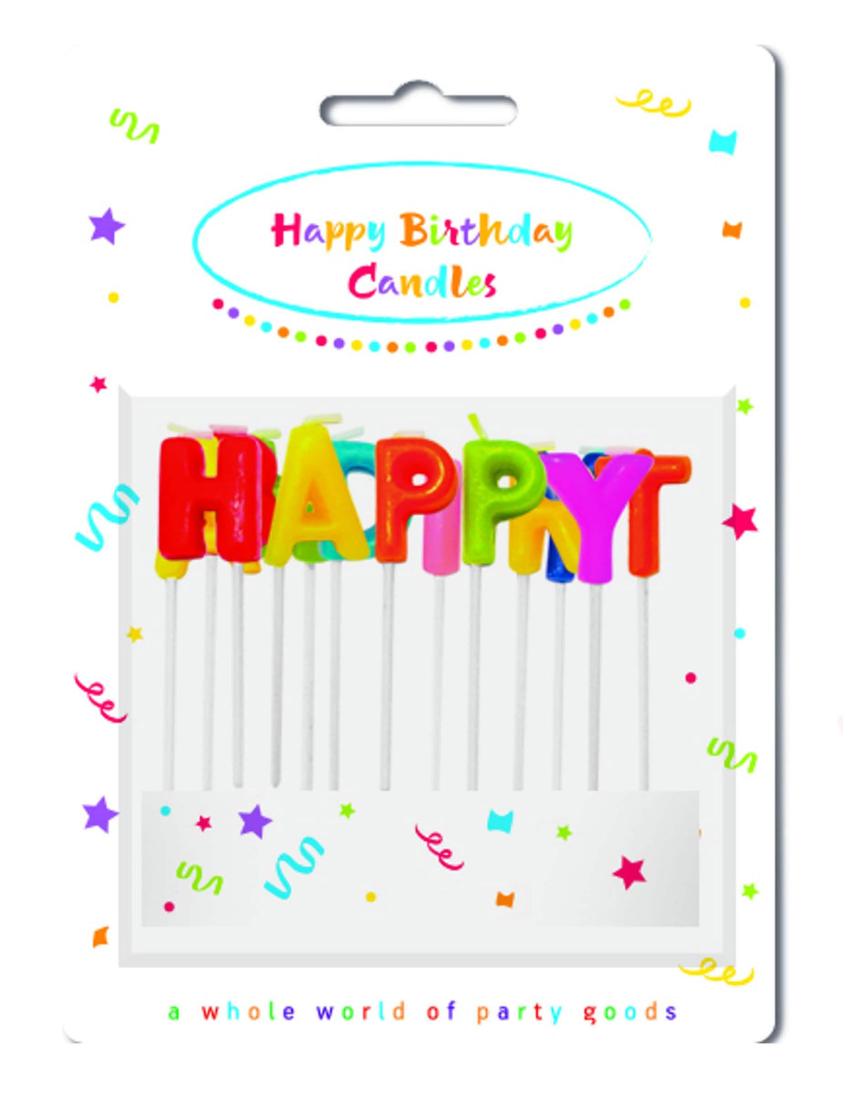 Pohľad na obal sviečok Happy Birthday na viacfarebnom špajli