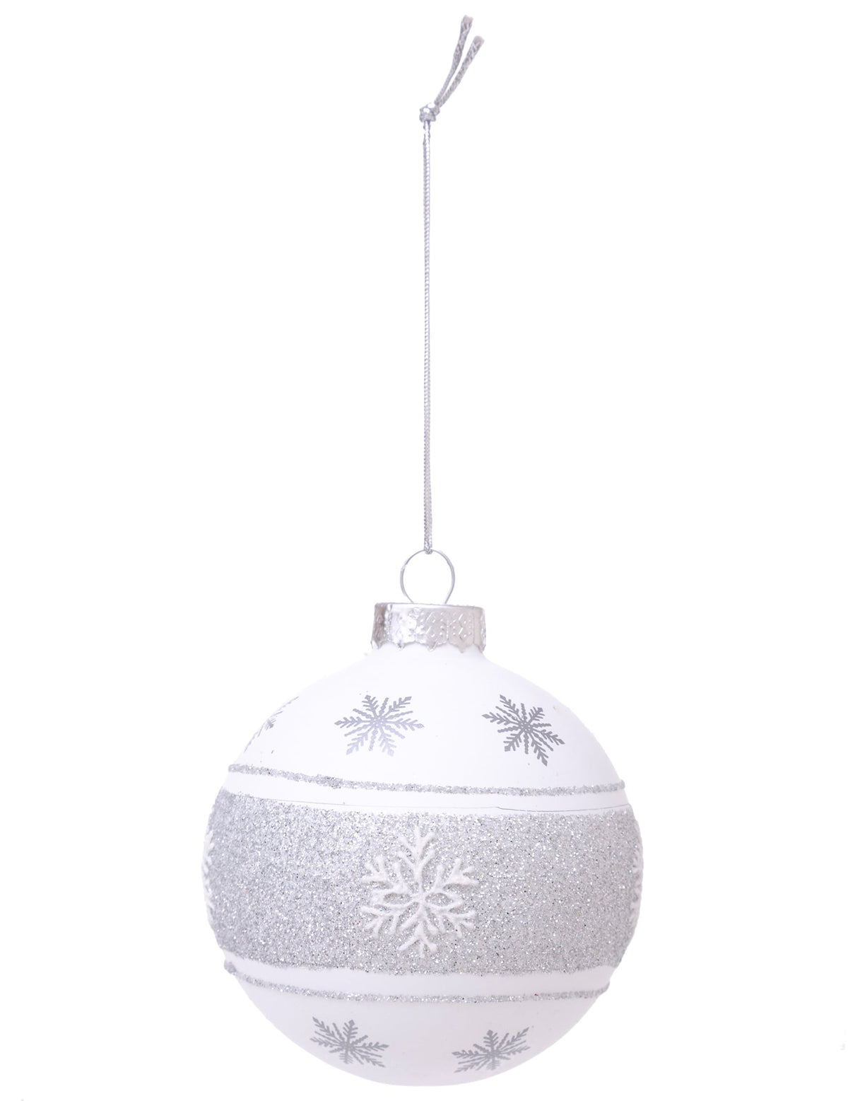 Boule de noël en verre flocon argenté blanche et argentée pailletée