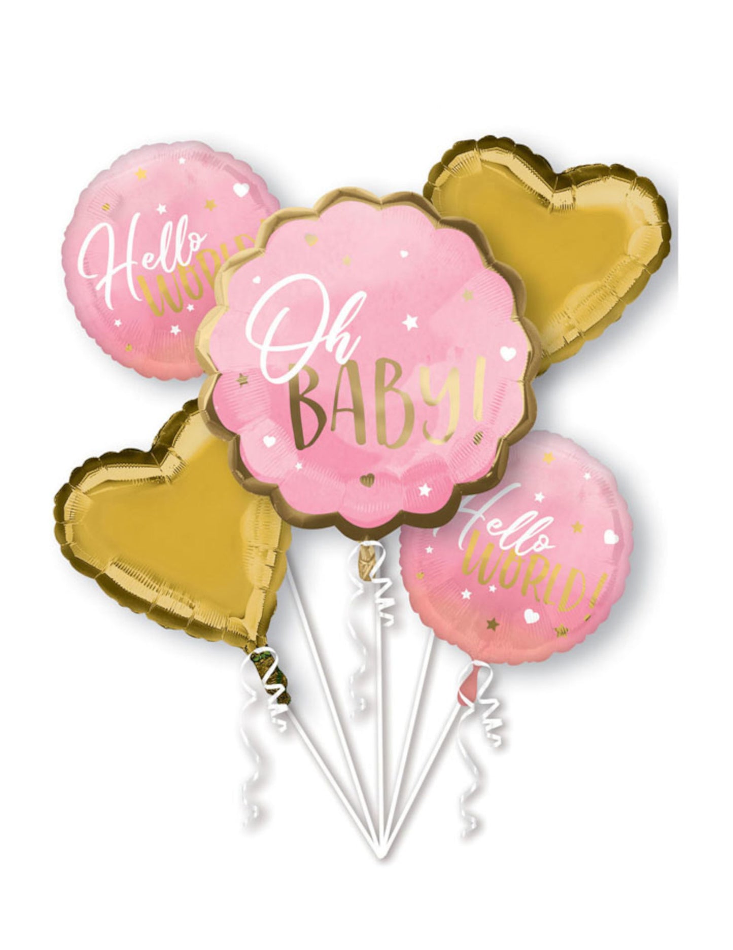Kytica z 5 ružovo-zlatých fóliových balónov s nápisom "oh baby" na oslavu bábätka
