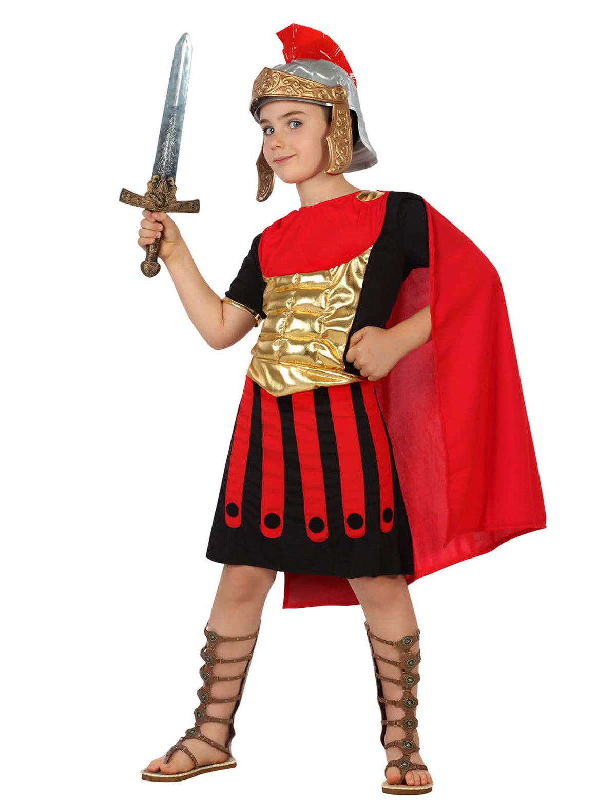 Kostým rímskeho centurióna pre dieťa červená, čierna a zlatá s plášťom a prilbou