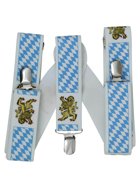 Détail des motifs de lion et des carreaux des bretelles bavaroises