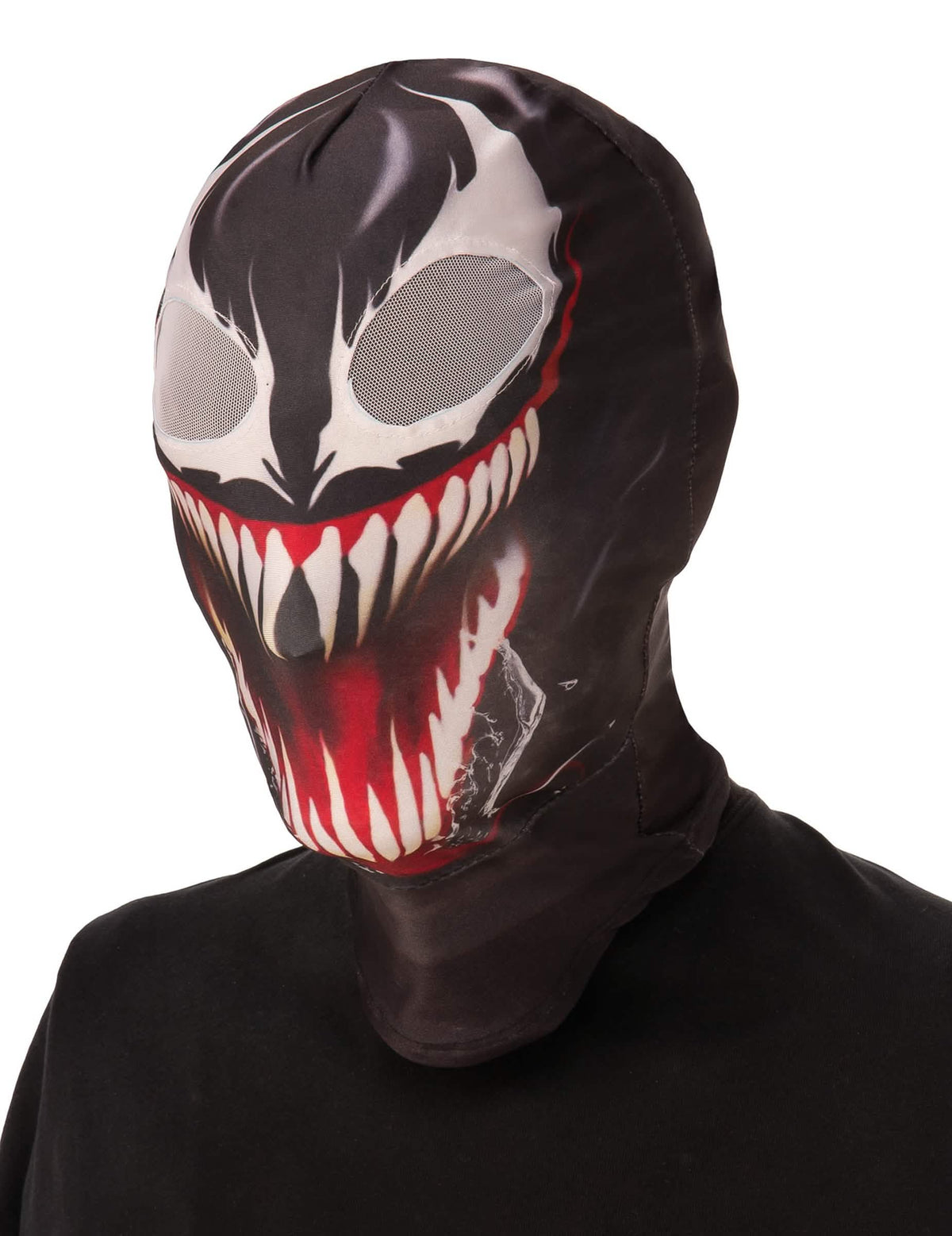 Kukla Venom pre dospelý čierna s ostrými zubami a veľkými bielymi očami