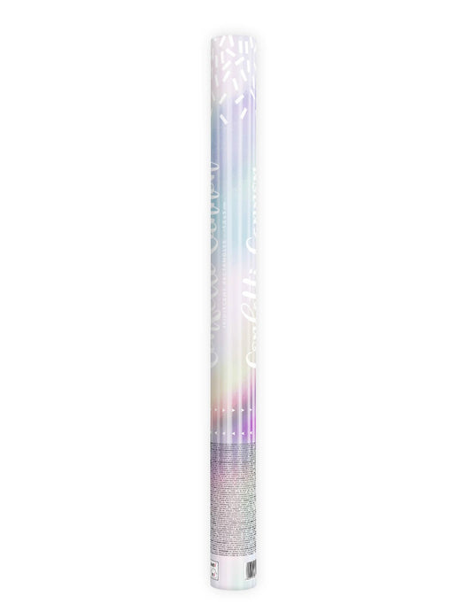 Vue de face du canon à confettis bandes iridescentes