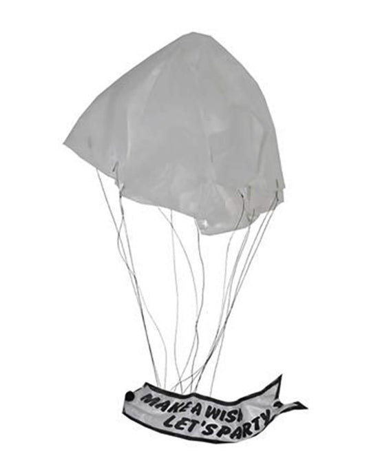 Détail du parachute déployé avec sa bannière du canon à confettis avec parachute pour la fête