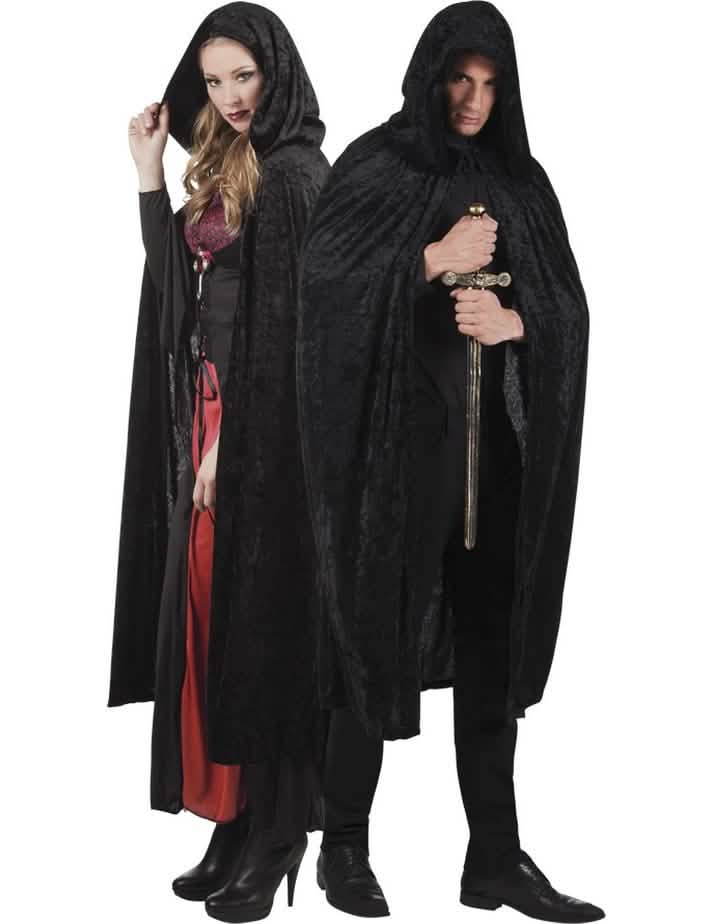 Čierny halloweenský plášť pre dospelého s velúrovým vzhľadom