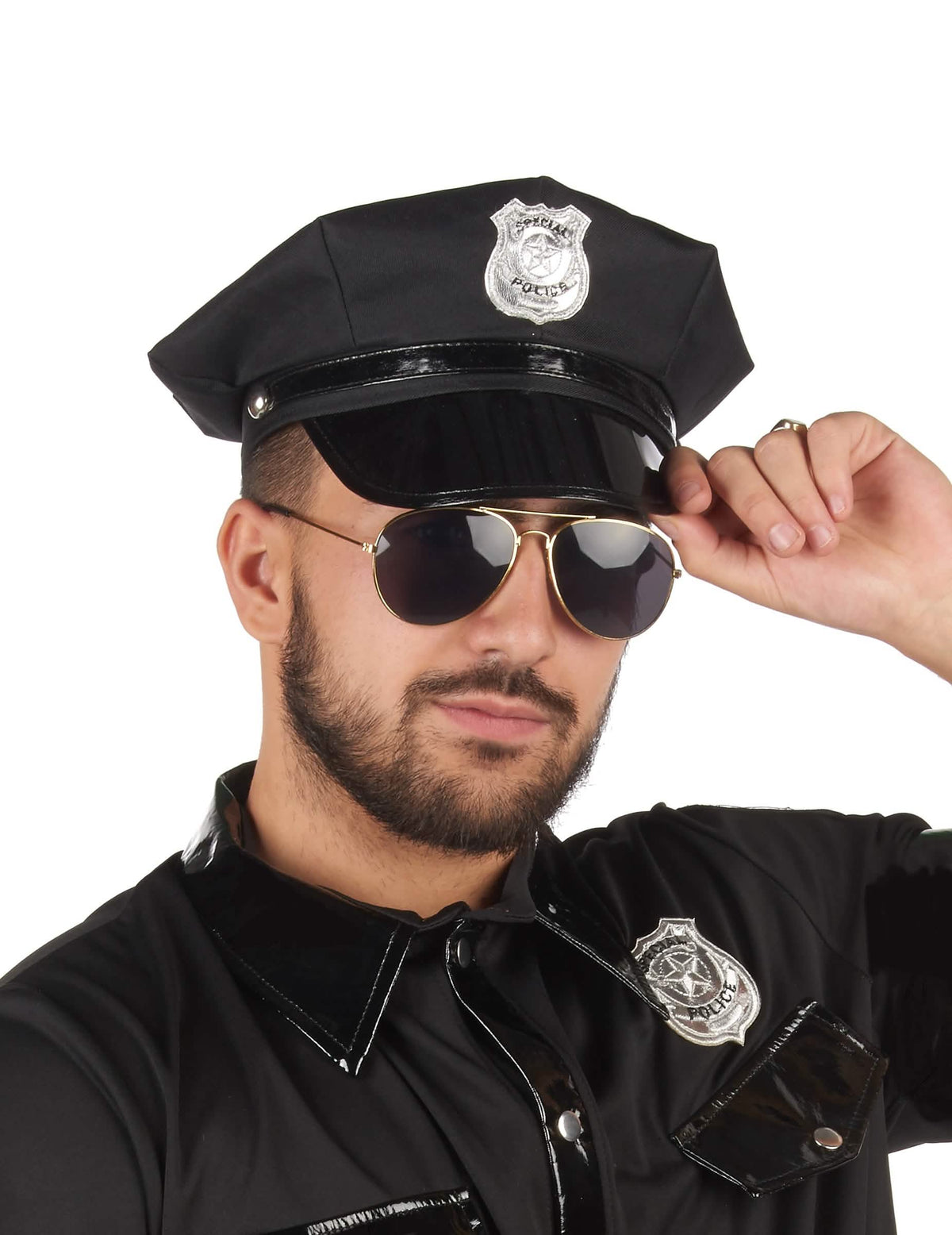Čiapka polícia pre dospelý čierna s strieborná nášivka