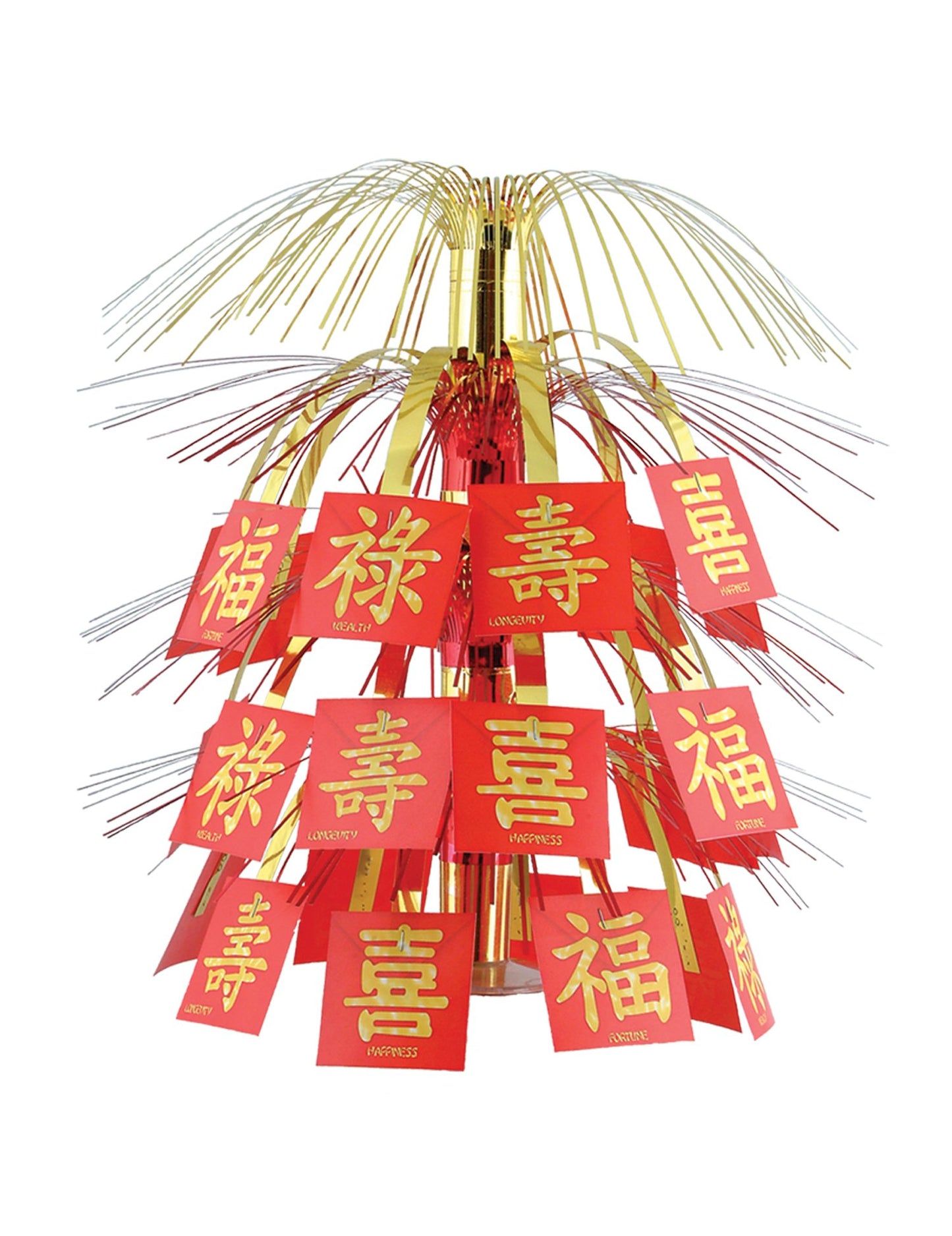 Stredový stôl červený a zlatý na čínsky nový rok so symbolmi šťastia