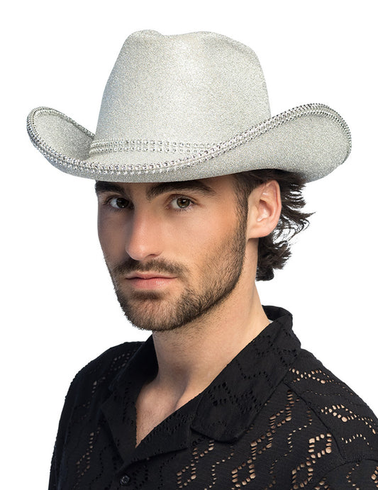 Vue de face du chapeau de cowboy pour adulte à paillettes argentées
