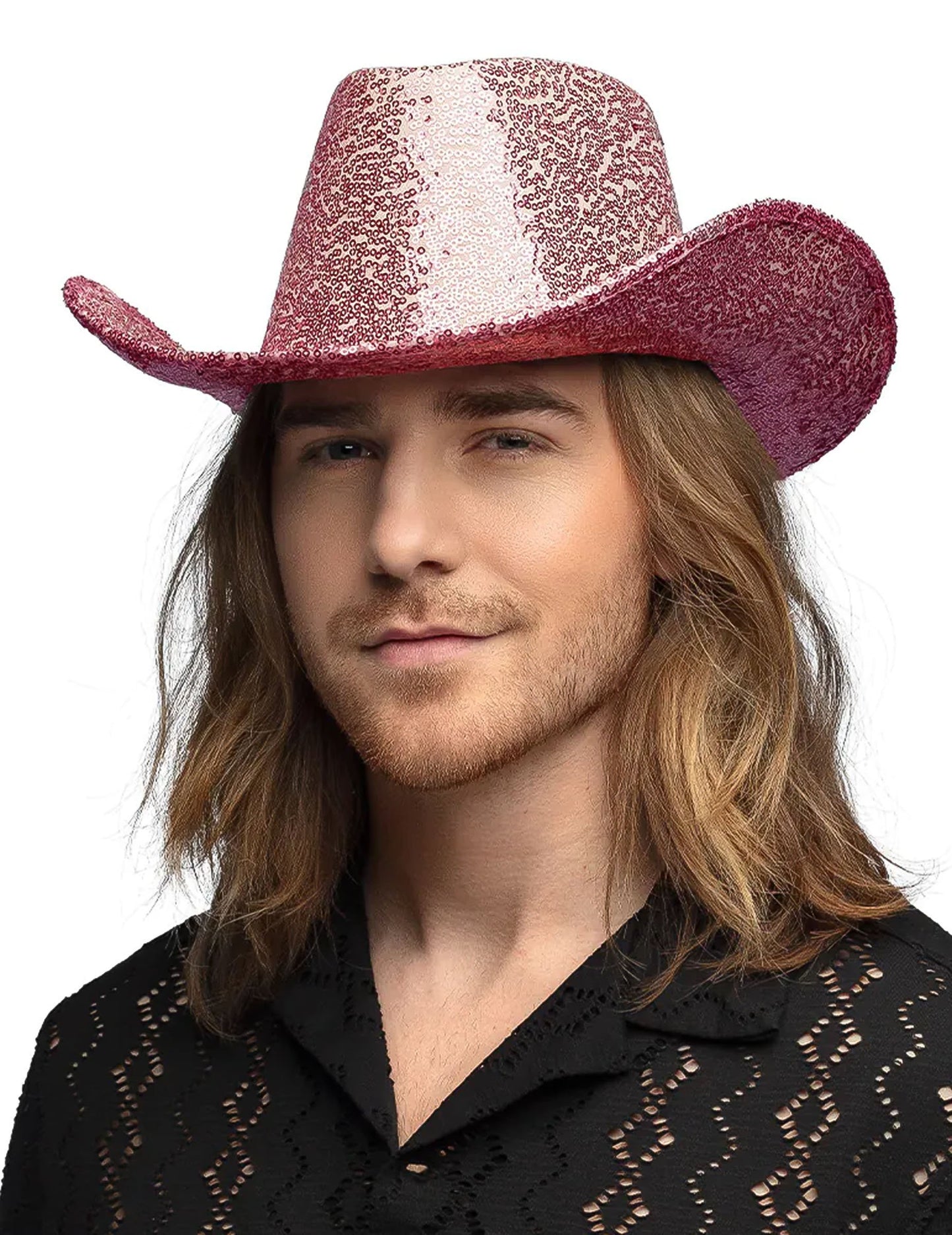 Svetloružový flitrový kovbojský klobúk pre dospelých