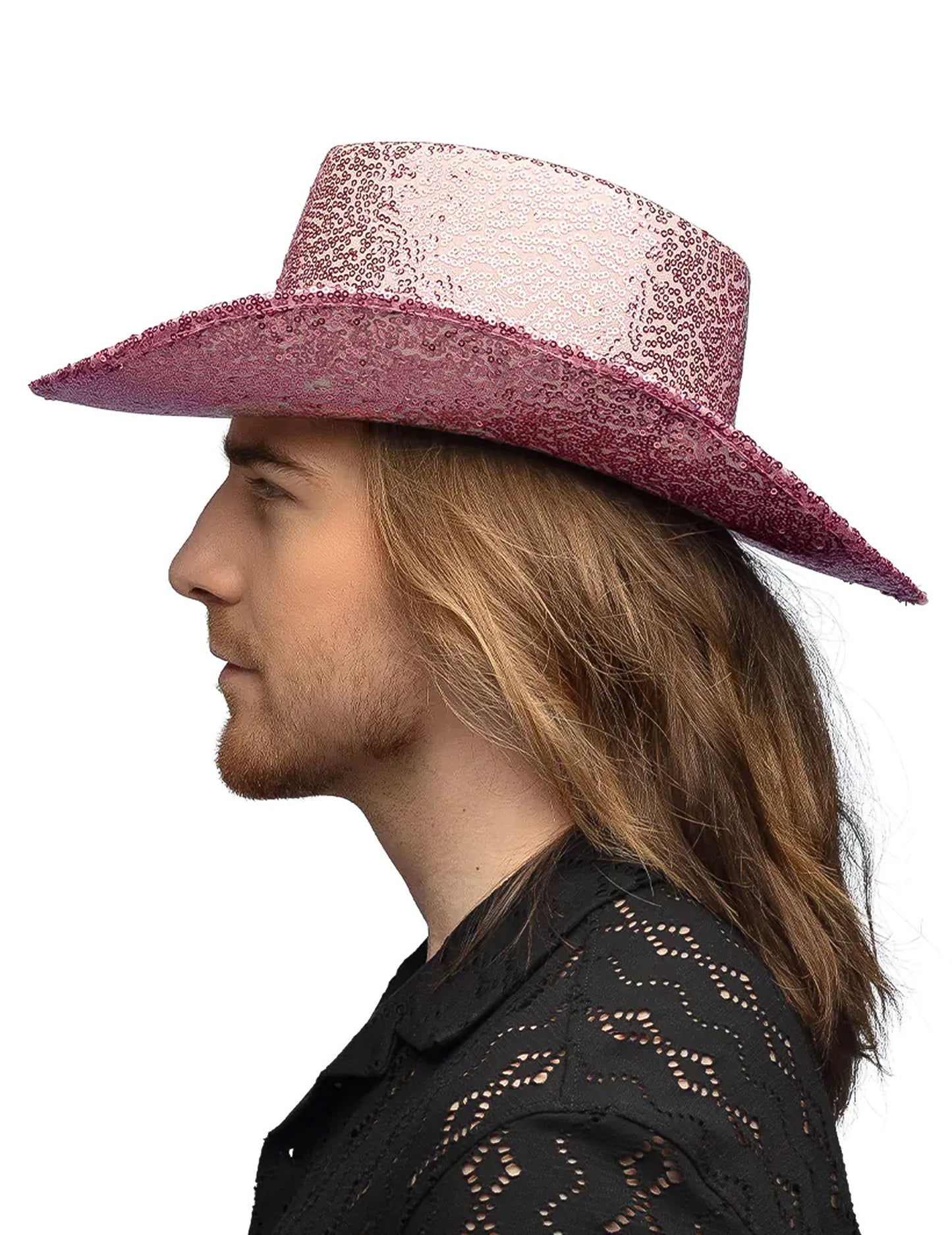 Svetloružový flitrový kovbojský klobúk pre dospelých