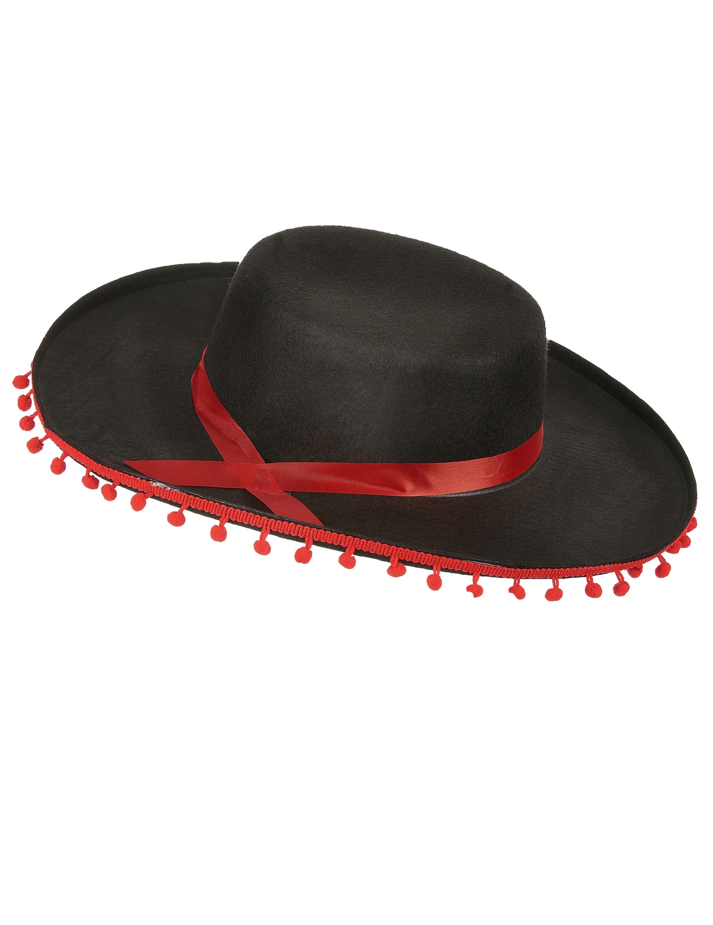 Bočný pohľad na španielsky klobúk pre mužov čierny a červený