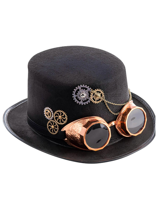 Vue de trois-quarts du chapeau haut de forme steampunk pour adulte