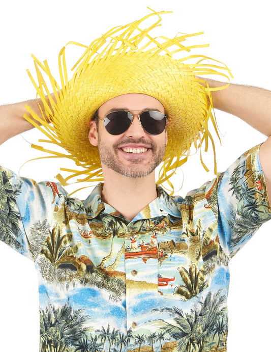 Vue de face du chapeau Hawaï pour adulte jaune