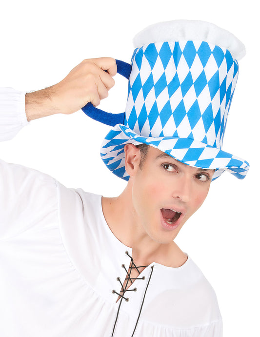 Vue de face du chapeau pinte de bière pour adulte bleu et blanc