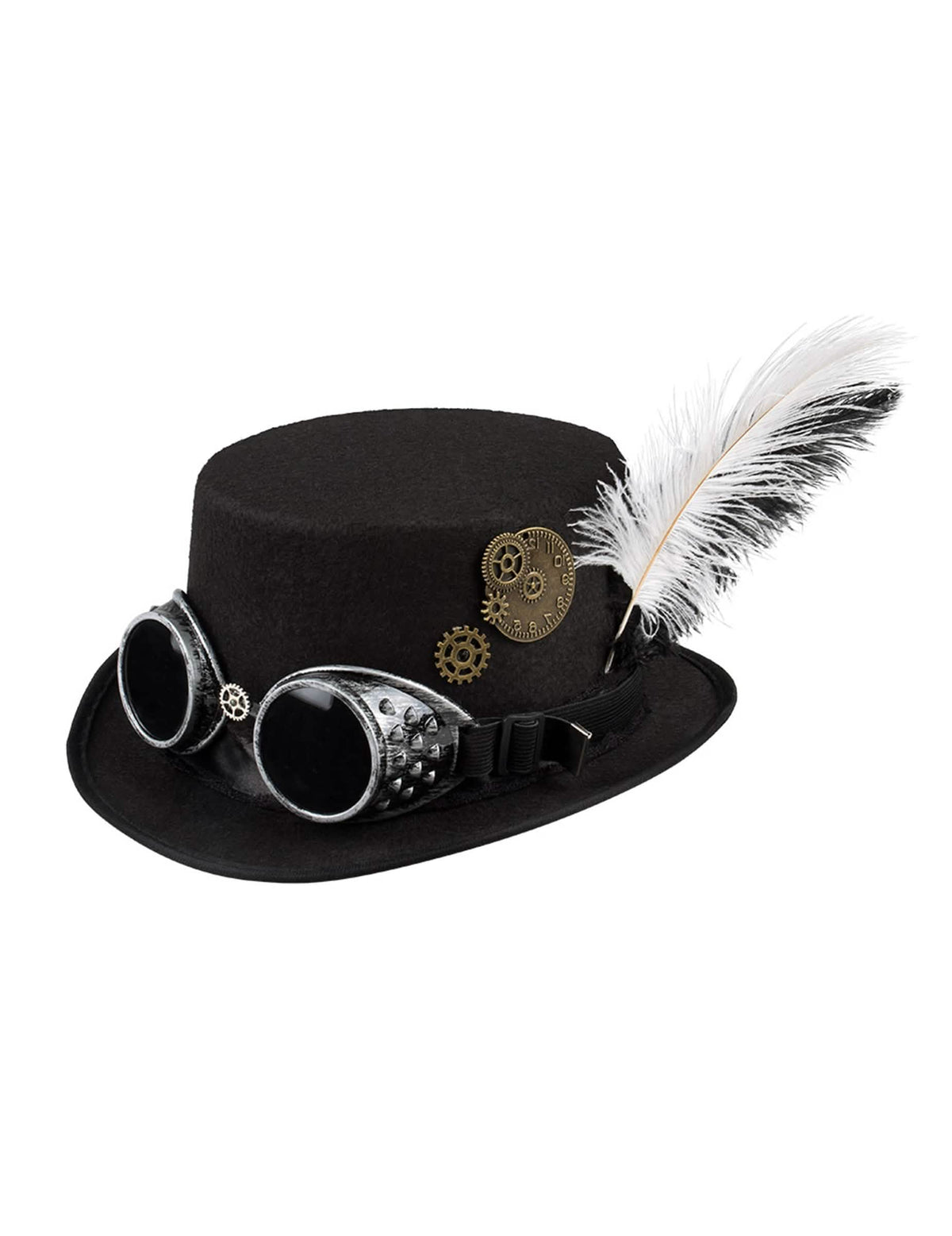 Pohľad z troch štvrtín s ozubenými kolesami a perím na steampunk klobúku