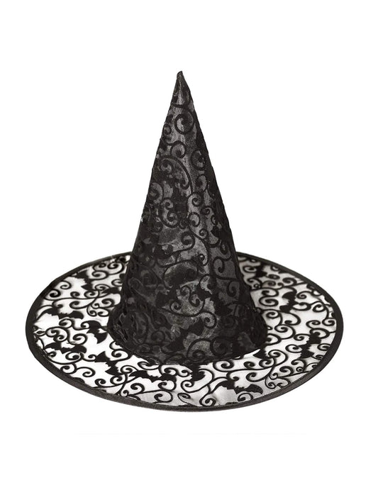 Détail des motifs de chauves-souris en dentelle du chapeau de sorcière Halloween