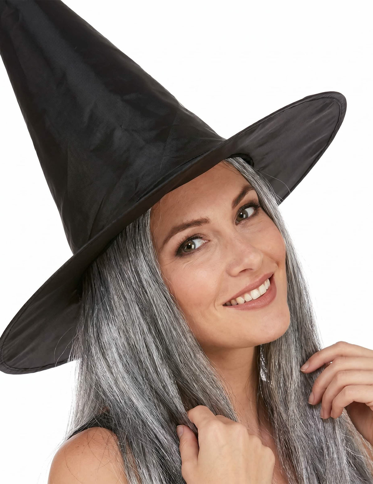 Čierny čarodejnícky klobúk s dospelými šedými vlasmi Halloween