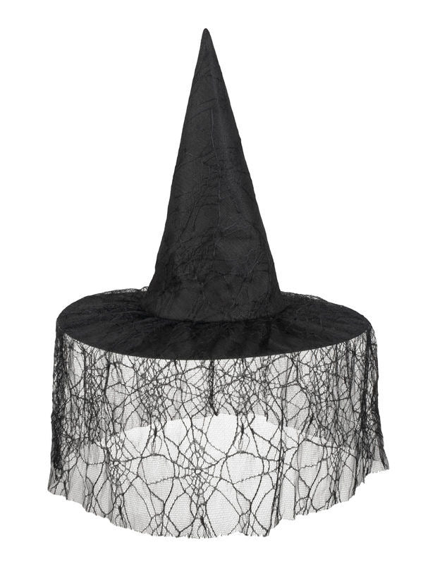 Čierny čarodejnícky klobúk s halloweenskou ženou pavúk závoj