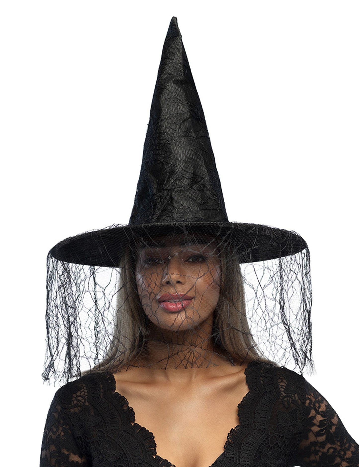 Čierny čarodejnícky klobúk s halloweenskou ženou pavúk závoj