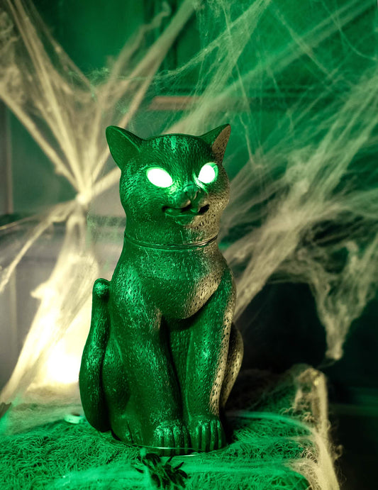 Détail de l'effet lumineux du chat noir aux yeux brillants pour Halloween sonore et lumineux