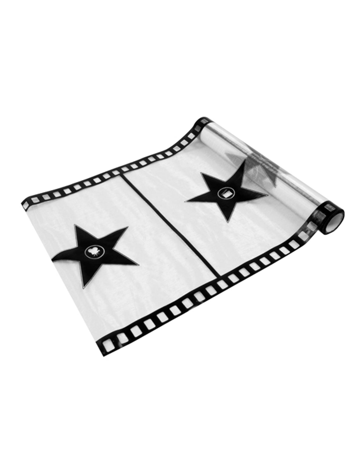 Beh na stôl filmová páska na párty biela z organzy s čiernymi hviezdami