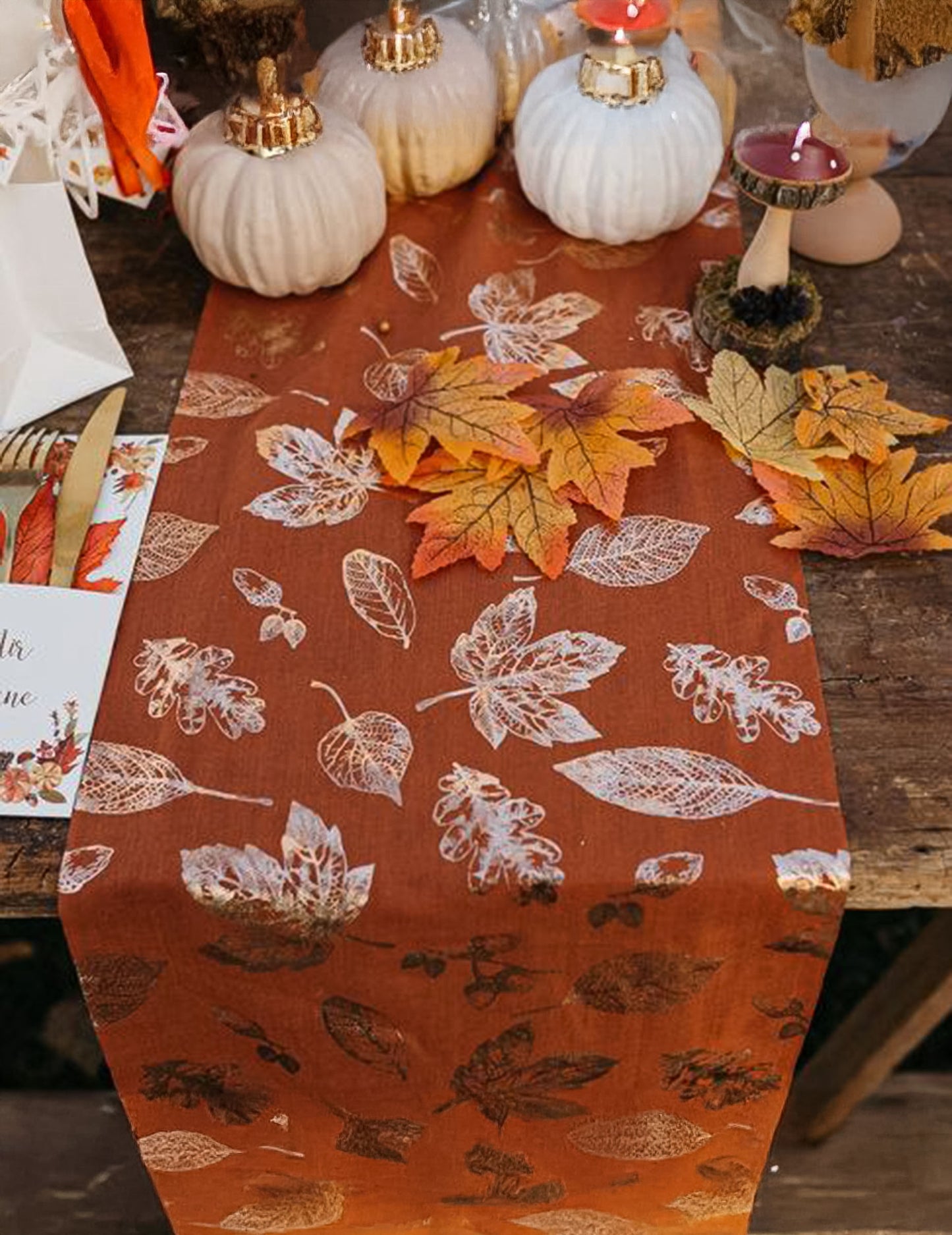 28-palcový šifónový prestieradlo na stôl s terakotovými a zlatými jesennými listami cm x 3 m