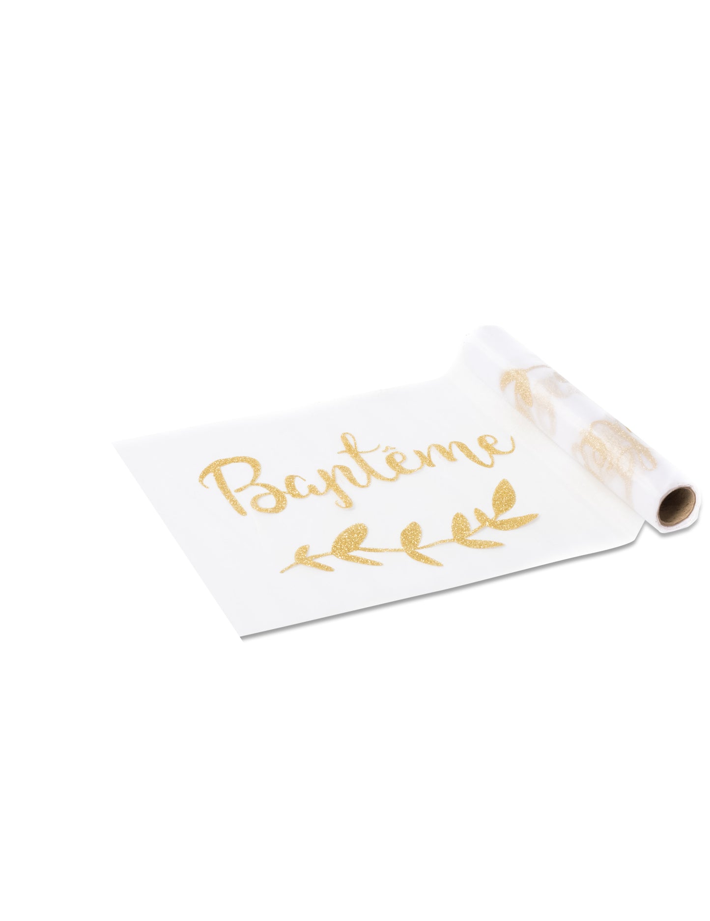 Prestieranie na krstný stôl z organzy so zlatými trblietkami 28 cm x 5 m vavrínový vzor