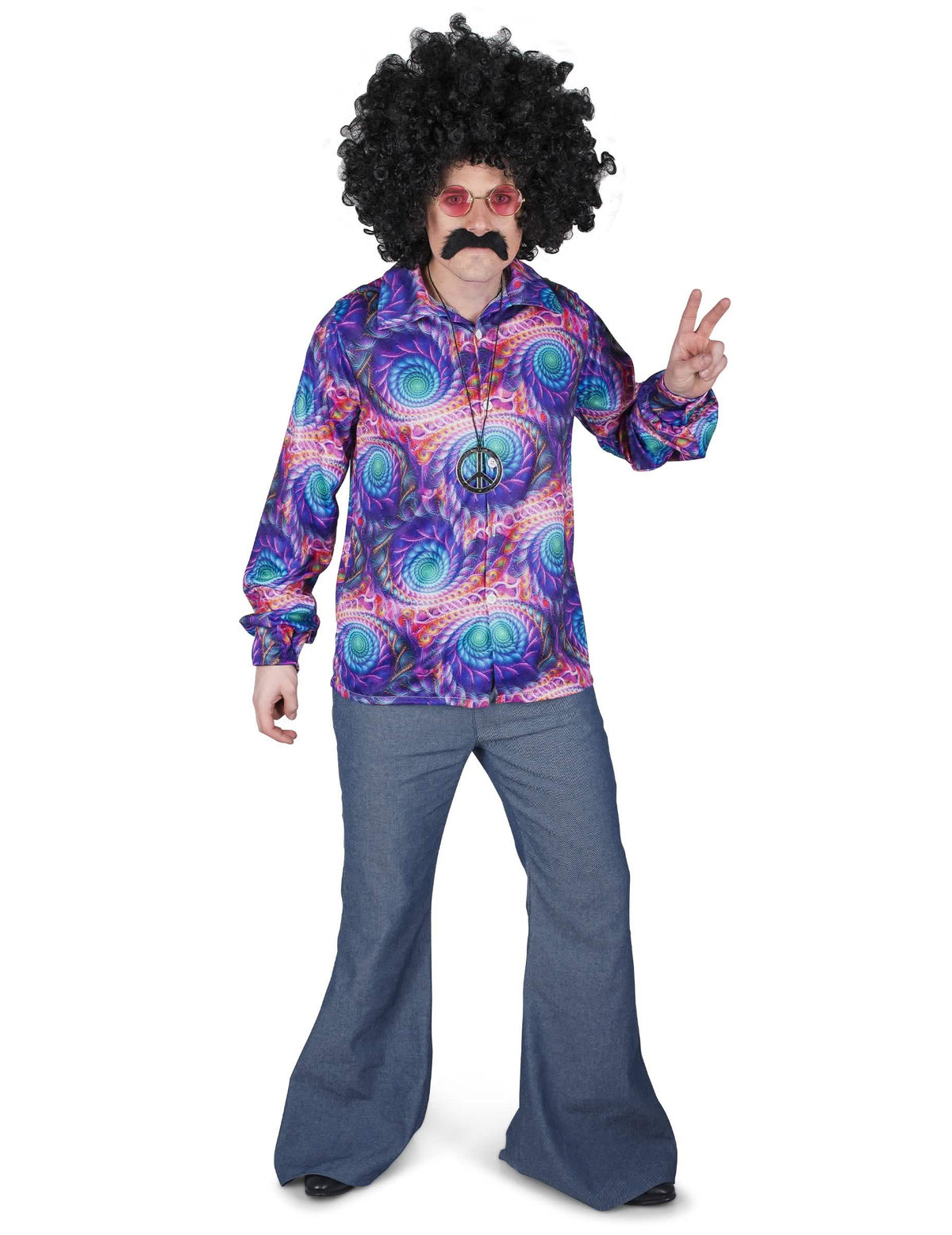 Prehľad celého vzhľadu s psychedelickou hippie košeľou